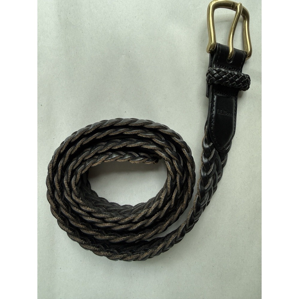L L Bean Braided Leather Belt Size 38 Black Woven Brass Buckle Ivy Preppy 266358